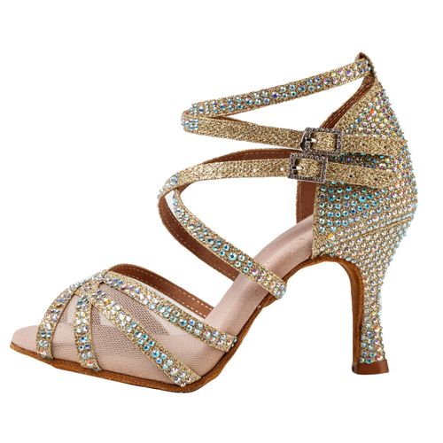 Chaussures De Danse Latine Incrustées De Diamants Pour Adultes Talons Hauts Dentelle Professionnelle Argent Or 7 1/2cm 600