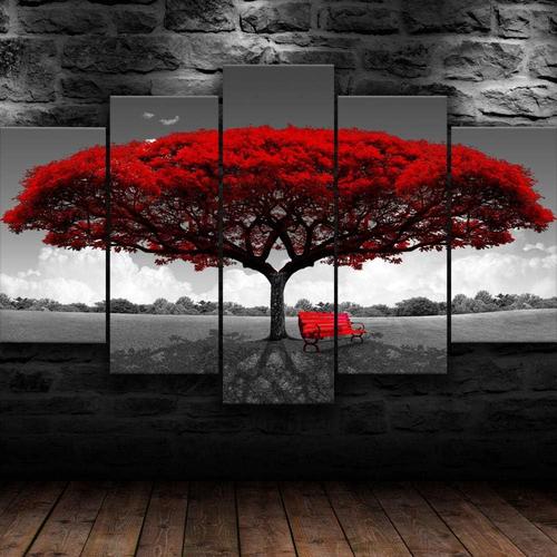 5 Panneau Mural Art Peinture Nature Grand Arbre Rouge pour Le
