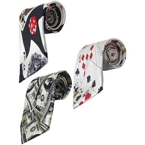 Cravate 3pcs Creative Poker Dice Printing Tie Fashion Magician Necktie Dress Up Costume Props Party Necktie (White Poker + Black Poker + Dollars)