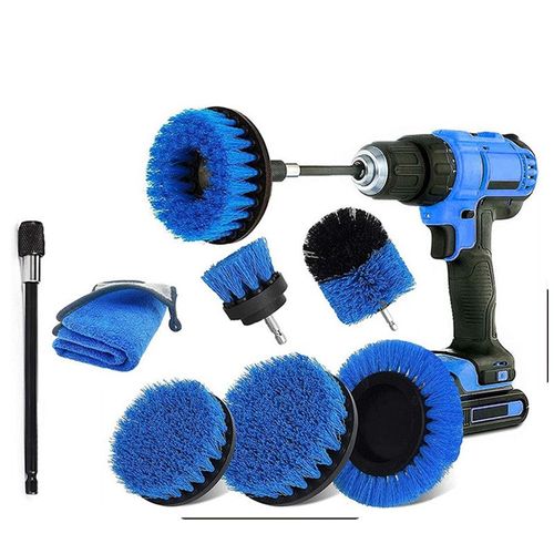 8 Pièces - Brosse Nettoyage Perceuse, Voiture, Jantes - Carrelage - Tapis - Baignoire - Cuisine Toilettes Sol - Bleu