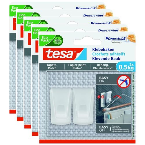 tesa Lot de 5 Packs 2 Crochets Adhésif Powerstrips 0,5kg pour Mur Peint / Papier peint