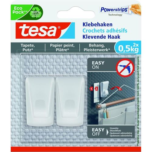 tesa Pack 2 Crochets Adhésif Powerstrips 0,5kg pour Mur Peint / Papier peint