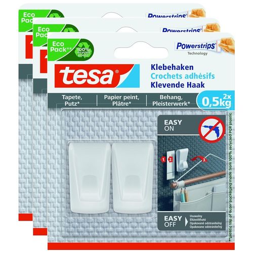 tesa Lot de 3 Packs 2 Crochets Adhésif Powerstrips 0,5kg pour Mur Peint / Papier peint