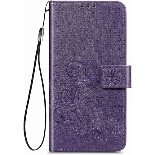 Coque Pour Samsung Galaxy A14 5g,Flip Cover Wallettective Cover Avec Fonction Stand,Motif Trefle A Quatre Feuilles Pu Portefeuille Housse Mauve
