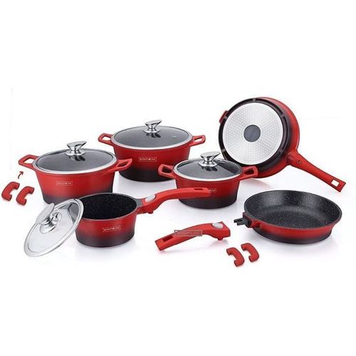 Batterie De Cuisine Professionnelle 14 Pièces Fonte Aluminium Revêtement Marbre, Marque Royalty Line Avec Poignées Amovibles