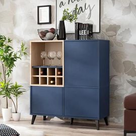 Buffet Bas Komodee Fondi, Avec Casier A Vin, Bleu, Bois Clair, 90 X 35 X 102 Cm