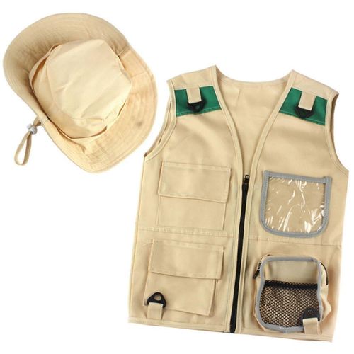 Kit D'aventure En Plein Air, Gilet De Chargement Kaki Pour Jeune Enfant Et Chapeau Costume D'explorateur Confortable Et Durable