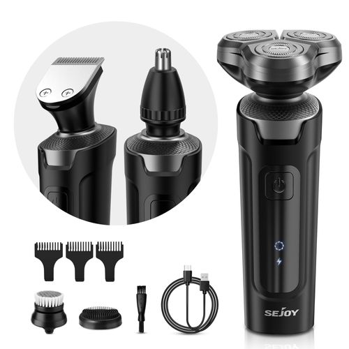Rasoir Électrique Sejoy Hommes 3d Flottante Rechargeable 5 En 1 Tondeuse Barbe&nez, Brosse De Nettoyage De Visage, Ipx7 Étanche,Noir