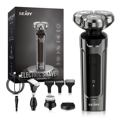 Rasoir Électrique Sejoy Homme 3d Flottante Rechargeable 5 En 1 Tondeuse Barbe&nez, Brosse De Nettoyage De Visage, Ipx7 Étanche, Gris