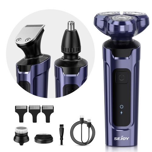 Rasoir Électrique Sejoy Homme 3d Flottante Rechargeable 5 En 1 Tondeuse Barbe&nez, Brosse De Nettoyage De Visage, Ipx7 Étanche, Violet