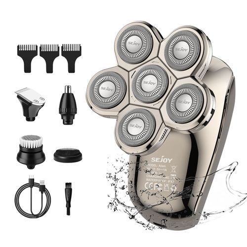 Rasoir Électrique Sejoy Homme 5 En 1 Kit 6 Têtes Chauve Tondeuse Barbe Cheveux Nez Et Oreilles Massage Brosse De Nettoyage Écran Led, Ipx7 Étanche