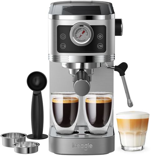iceagle Machine a expresso, machine a cafe avec buse a mousse de lait pour expresso et cappuccino, machine porte-filtre temperature et capacite de remplissage des tasses reglables