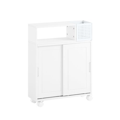 Support Papier Toilette Sur Roulettes Avec 2 Portes Effet Bois Blanc