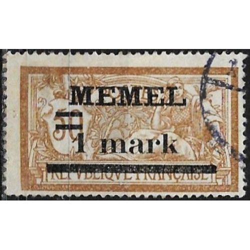 Lituanie, Enclave De Memel Sous Adm. Française 1920 / 21, Beau Timbre Yvert 26, Type Merson 50c. Brun Jaune Et Gris Surchargé "Memel 1 Mark", Oblitéré, Tbe