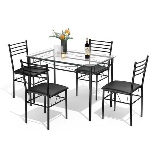 Costway Ensemble Table Et 4 Chaises Pour Salle À Manger, Sièges Rembourrées, Cadre En Métal Noir