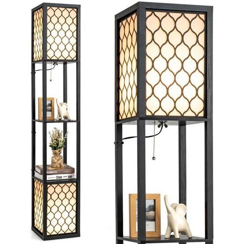 Costway Lampadaire Salon 1,56m 2 Etagères De Stockage Design Scandinave Double Interrupteur 40w 2 Ampoule Non-Inclus En Bois