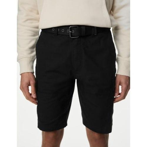 Short Cargo 100 % Coton Texturé Indéchirable Avec Ceinture - Noir