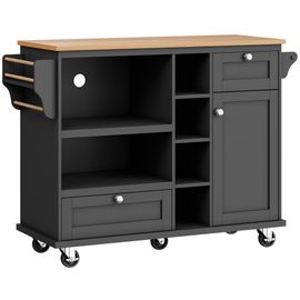 Desserte De Cuisine Moderne Noire Sur Roulettes, 3 Tiroirs, 6 Rangements Et Plateau En Bois Marron Clair