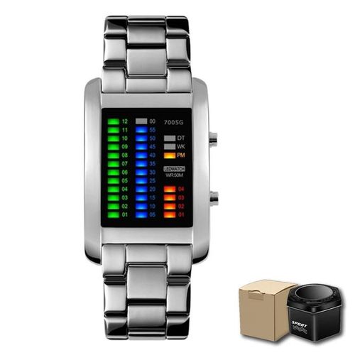 Argent Avec Boîte - Montre Binaire Étanche À Cadran Rectangulaire Pour Homme, Alarme Dnono, Lunette Noire, Lumière Résistante, Structure, 3 Iko