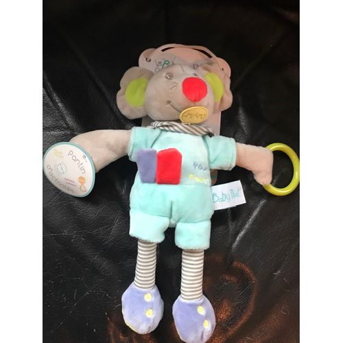 Doudou Peluche  Baby Nat' Marceau La Souris Grise Et Bleu Et Verte Nez Rouge Pantin D Activité Anneau Vert 30cm