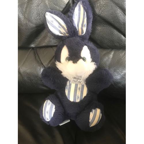 Doudou Peluche Lapin Bleu Et Blanc Rayées Tartine Et Chocolat Vintage Musical 30cm