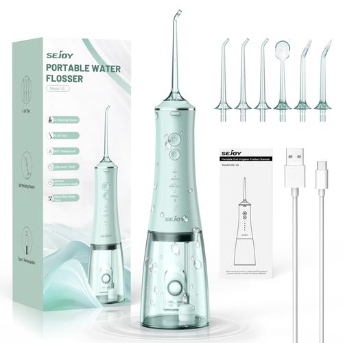 Sejoy Hydropulseur 280ml Sans Fil, Hydropulseur Dentaire Portable Rechargeable Avec 4 Modes Et 6 Embouts Remplaçables, Ipx7, Vert