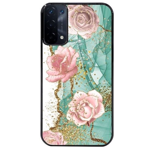 Coque Noire Pour Oppo A54 5g Et A74 5g Marbre Fleur Turquoise