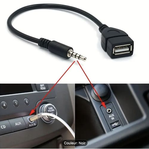 Câble Audio 3.5mm Noir pour USB. Cable convertisseur/synchronisation prise audio auxiliaire auto jack 3,5 mm male vers usb femelle. Pour Voiture uniquement