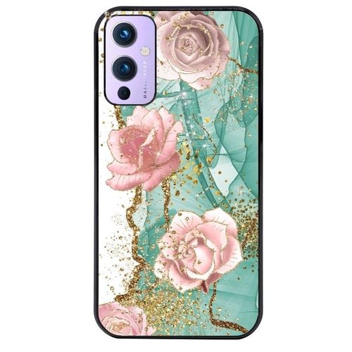 Coque Noire Pour Oneplus 9 Marbre Fleur Turquoise