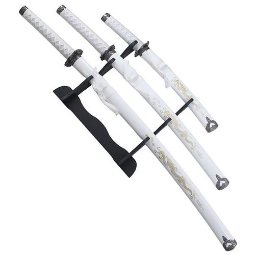 Set 3 Katanas en Bois Katana Wakizashi Tanto Epee Sabre Katana Japonais Katana Dragon White Edition + Presentoir