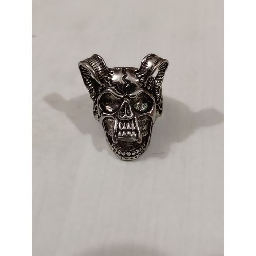 Bague Tête De Mort A Cornes,Metal Argente,Reglable