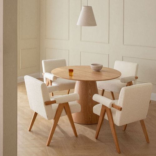 Ensemble Table Ronde Aura En Placage De Frêne (Ø120 Cm) Et 4 Chaises De Salle À Manger En Bois De Frêne Et Tissu Bouclé Lucca Placage De Frêne
