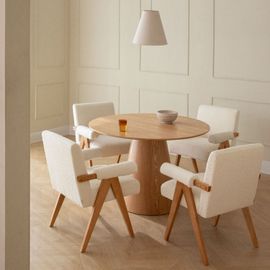 Ensemble Table Ronde Aura En Placage De Frêne (Ø120 Cm) Et 4 Chaises De Salle À Manger En Bois De Frêne Et Tissu Bouclé Lucca Placage De Frêne