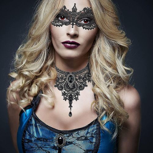 2 Pièces Halloween Dentelle Noire Tour De Cou Collier Mascarade Masque Pour Femmes Halloween Fête Bd