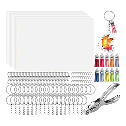 161 Shrinky Sheets Porte-Clés Ensemble, Porte-Clés Avec Chaîne, Anneau De Jonction, Perforation Pour Enfants, Translucide