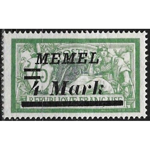 Lituanie, Enclave De Memel Sous Adm. Française 1922,Beau Timbre Neuf* Yvert 72, Type Merson 45c. Vert Et Bleu Gris Surchargé "Memel 4 Mark"