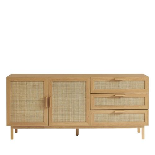Buffet 2 Portes 3 Tiroirs En Bois Et Cannage L180cm - Bois Clair