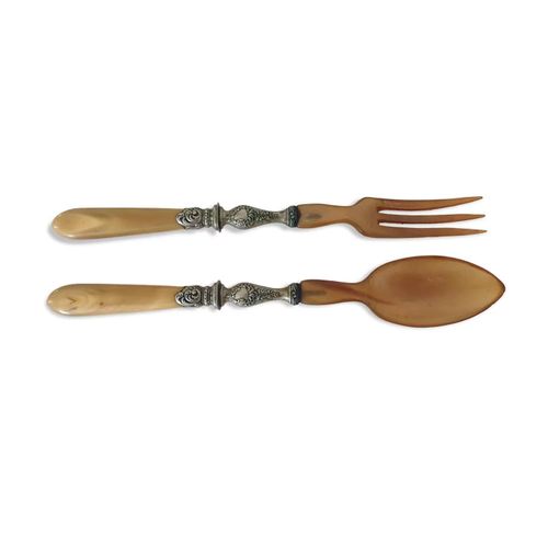 Couverts  Salade Anciens En Corne Et Mtal Argent Beige