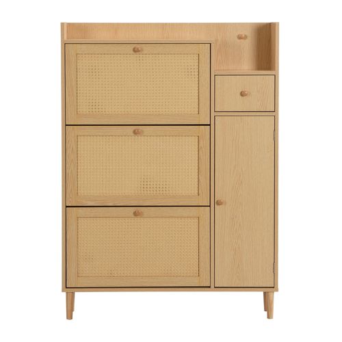 Meuble À Chaussures Compact En Bois Et Rotin, Avec 3 Portes Basculantes Et 1 Tiroir