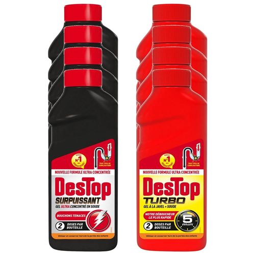 DESTOP Lot de 4 Gels Déboucheur Surpuissant 500ml + Turbo 5 min Javel 500ml