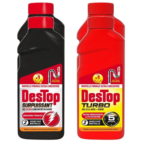 DESTOP Lot de 2 Gels Déboucheur Surpuissant 500ml + Turbo 5 min Javel 500ml