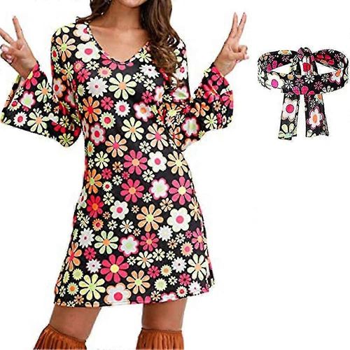 Des Années 60/70/80 S Femmes Hippie Costume Set Rétro Cosplay Party Paix Signe Robe Bandeau Sugoumei
