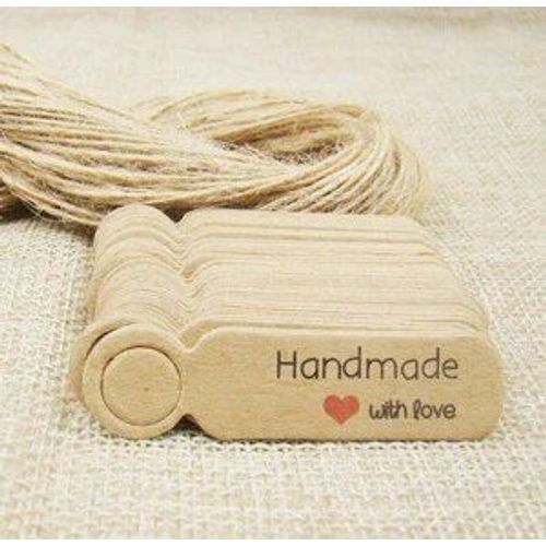 Étiquettes volantes en papier kraft blanc faites à la main avec amour,ficelle de chanvre pour bonbons,cadeau,présentoir de strass,forme mignonne,5x1.3cm,100 pièces + 100 pièces- Type tag with string#E