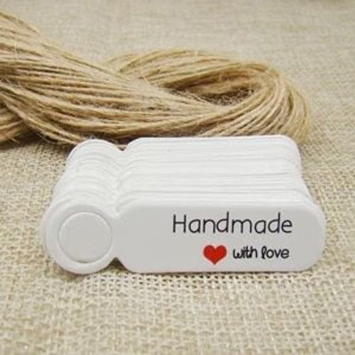Étiquettes volantes en papier kraft blanc faites à la main avec amour,ficelle de chanvre pour bonbons,cadeau,présentoir de strass,forme mignonne,5x1.3cm,100 pièces + 100 pièces- Type tag with string#F