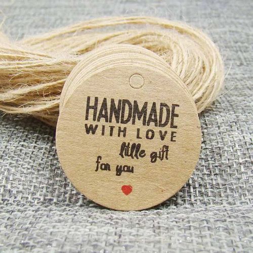 Étiquettes volantes en papier kraft blanc faites à la main avec amour,ficelle de chanvre pour bonbons,cadeau,présentoir de strass,forme mignonne,5x1.3cm,100 pièces + 100 pièces- Type tag with string#G