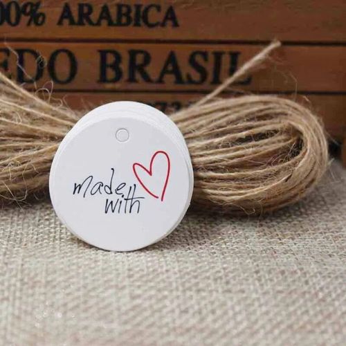 Étiquettes volantes en papier kraft blanc faites à la main avec amour,ficelle de chanvre pour bonbons,cadeau,présentoir de strass,forme mignonne,5x1.3cm,100 pièces + 100 pièces- Type tag with string#M