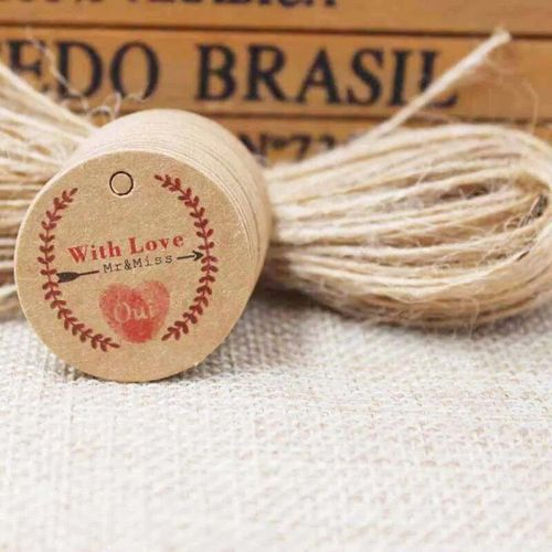 Étiquettes volantes en papier kraft blanc faites à la main avec amour,ficelle de chanvre pour bonbons,cadeau,présentoir de strass,forme mignonne,5x1.3cm,100 pièces + 100 pièces- Type tag with string#U