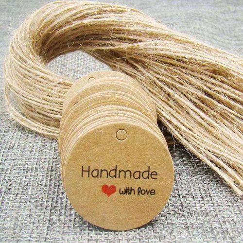 Étiquettes volantes en papier kraft blanc faites à la main avec amour,ficelle de chanvre pour bonbons,cadeau,présentoir de strass,forme mignonne,5x1.3cm,100 pièces + 100 pièces- Type tag with string#K