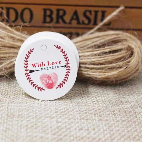 Étiquettes volantes en papier kraft blanc faites à la main avec amour,ficelle de chanvre pour bonbons,cadeau,présentoir de strass,forme mignonne,5x1.3cm,100 pièces + 100 pièces- Type tag with string#V