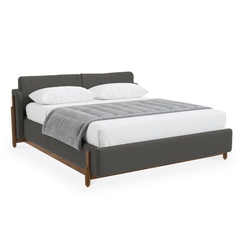 Lit Double En Tissu Gris Foncé Piètement Bois Foncé 160x200 Cm